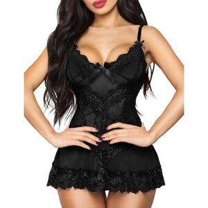 🆕 Women Black Sexy Lingerie Lace Babydoll Mesh Chemise Sleepwear Nightdress